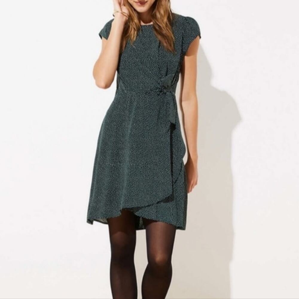 LOFT | Dark Green Polka Dot Tie Side Faux Wrap Dress